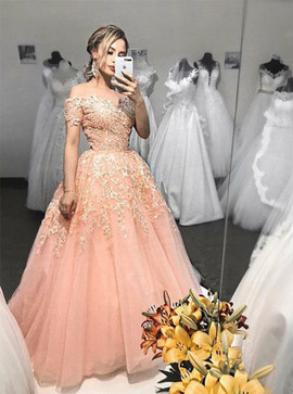 Shop 2020 Off The Shoulder Pink Short Sleeves Tulle Ball Gown Prom Dress with Appliques Under 150