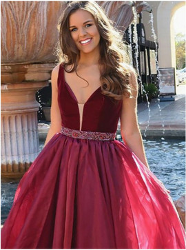 Shop 2020 New Organza A-Line V-Neck Burgundy Long Prom Dress with Beading Under 150