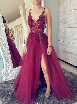 Shop Cheap V-neck Burgundy Split Backless Prom Dress with Appliques Beading Under 120