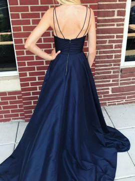 Shop 2020 V-neck Sleeveless Satin Navy Split Sweep Train Prom Dress Under 100