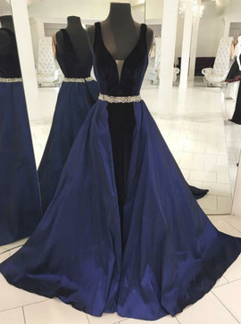 Shop Beautiful Satin Backless V-neck Navy Blue Prom Dress with Detachable Train Under 150