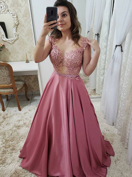 Shop Beautiful 2020 Cap Sleeves Blush Satin Illusion Round Neck Prom Dress with Appliques Under 100
