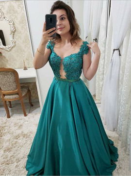 Shop Beautiful 2020 Cap Sleeves Blush Satin Illusion Round Neck Prom Dress with Appliques Under 100