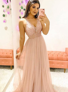 Shop 2020 Cheap Tulle Pink V-neck Sleeveless Long Prom Dress with Beading Under 200