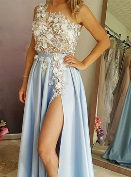 Shop Romantic Long 2020 Sexy Flowers One Shoulder Split Blue Prom Dress with Appliques Under 150