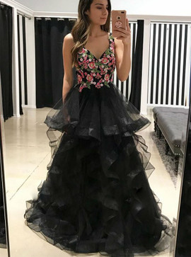 Shop 2020 Black V-neck Flower Tulle Tiered Prom Dress with Appliques Under 150