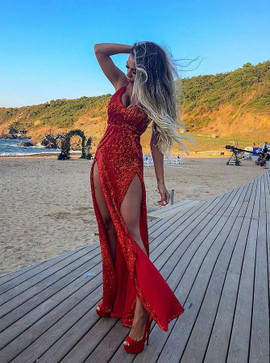 Shop 2020 New Arrival V-neck Sequin Sparkle Split Red Long Prom Dress Under 100