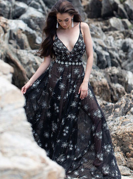 Shop 2020 Beautiful V-neck Sleeveless Tulle Black Prom Dress with Star Beading Under 200