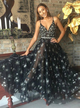 Shop 2020 Beautiful V-neck Sleeveless Tulle Black Prom Dress with Star Beading Under 200