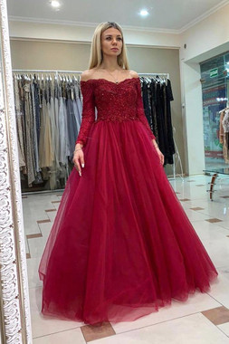 Shop 2020 Long Sleeves Appliqued Burgundy Tulle Off The Shoulder Long Prom Dress Under 200