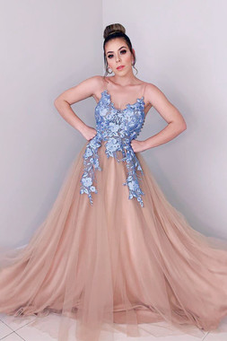 Buy 2020 Unique  Peach Long A-Line Spaghetti Straps Prom Dress with Lace Appliques Under 150