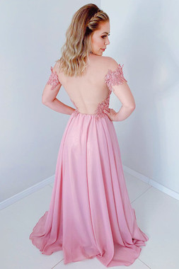 Buy 2020 Off the Shoulder Chiffon Dusty Rose Long Prom Dress with Open Back Under 150