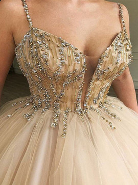 Shop Cheap 2020 Tulle Spaghetti Straps Champagne Ball Gown Beading Prom Dress Under 300