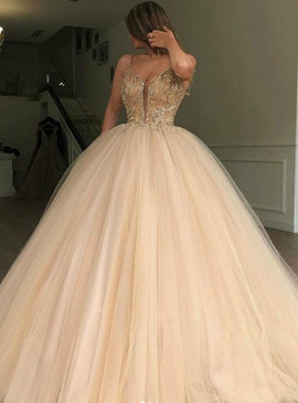 Shop Cheap 2020 Tulle Spaghetti Straps Champagne Ball Gown Beading Prom Dress Under 300