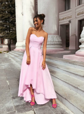 Shop Cheap 2020 Sweetheart Hi Lo A-Line Pink Satin Prom Dress Under 100