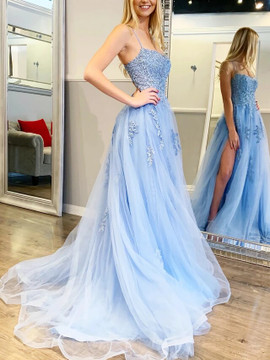 Shop 2020 New Arrival Appliques Spagehtti Straps A-Line Blue Tulle Prom Dress Under 200