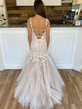 Shop Beautiful 2020 Tulle Appliques Straps Champagne Mermaid Backless Prom Dress Under 200
