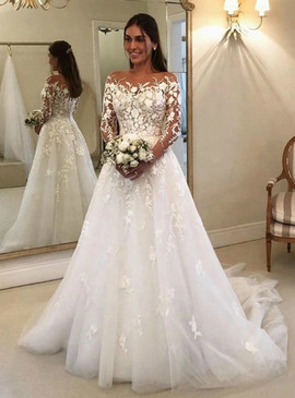 Shop 2020 Romantic Appliques A-Line White Tulle Long Sleeve Wedding Dress For Mature Women