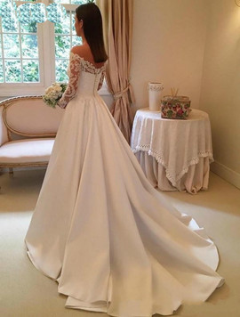 Buy Romantic Off the Shoulder Long Sleeve A-Line White Satin Appliques Wedding Dress Under 200