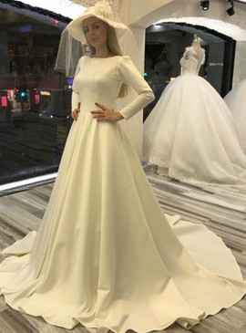 Shop 2020 Cheap Bateau Button Back Sweep Train White Satin Long Sleeve Wedding Dress From Annakoo