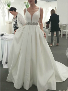 Unique Crystal 2020 Backless Beading White Satin Deep V-neck Wedding Dress For Wholesale Price