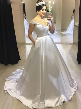 Wholesale 2020 Unique Off the Shoulder White Ball Gown Satin Wedding Dress With Pocket From China