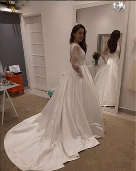 Buy 2020  O-Neck Button Back Sweep Train White Satin Lace Long Sleeve Wedding Dress With Low Price
