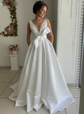 Buy 2020 Unique Design V-neck Backless A-Line White Satin Wedding Dress With Bow From Annakoo