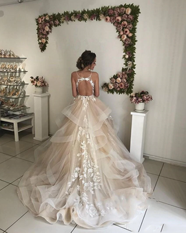 Buy Cheap Open Back Backless Appliques Champagne Tulle Spaghetti Straps Wedding Dress From Annakoo