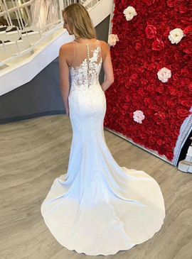 Beautiful 2020 Spring Appliques See Through White Mermaid Satin Wedding Dress For Sale