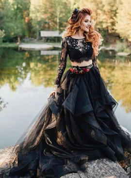 Shop 2020 Cheap Lace Two Piece Long Sleeve A-Line Black Tulle Wedding Dress From Annakoo