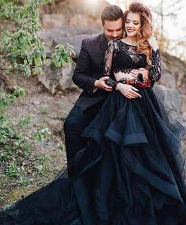 Unique Crop Top Lace Two Piece Long Sleeve A-Line Black Tulle Wedding Dress For Sale