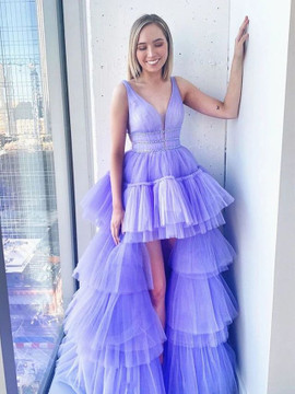 Beautiful 2020 Design Hi Lo Tulle V-neck A-Line Purple Tiered Beading Prom Dress Under 200