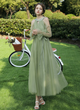 Shop 2020 Light Green Tulle Halter Floor Length A-line Bridesmaid Dresses  Under 80