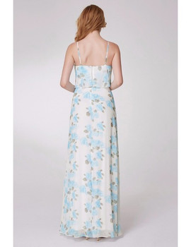 Spaghetti Straps Blue Floral Printed Long Bridesmaid Dress
