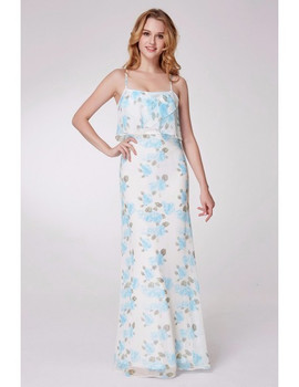 Spaghetti Straps Blue Floral Printed Long Bridesmaid Dress