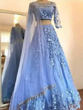 Buy Unique 2020 3/4 Sleeves Floor-Length Princess Tulle Scoop Two Piece Dresses with Applique Under 200