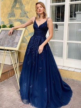 Shop Cheap Sexy Navy Blue Lace Long A Line V Neck Backless Prom Dress Under 200