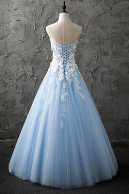 Shopping Oversea Strapless Sweetheart Appliques  White Lace Light Blue Prom Dress Under 200