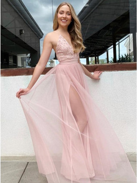 Shop 2020 Low Price  Sweet Tulle A Line V Neck Pink Lace Long Prom Dress with Slit Under 100
