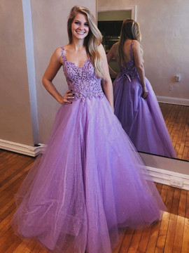 Shop Cheap 2020 Lilac V Neck Open Back Tulle Beading Lavender Lace Long Prom Dress Under 200