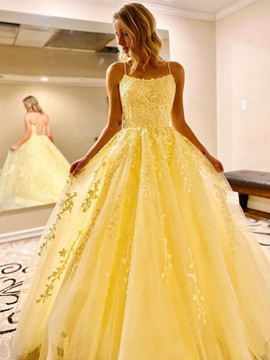 Shop 2020 Daffodil Lace Up Tulle Appliques Backless Yellow Lace Long Prom Dress Under 200