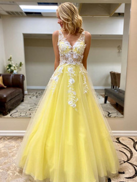 Beautiful 2020 Flower Floral V Neck White Lace Appliques Yellow Tulle Long Prom Dress Under 200