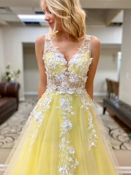 Beautiful 2020 Flower Floral V Neck White Lace Appliques Yellow Tulle Long Prom Dress Under 200