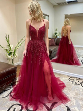 Shop 2020 Lace Long Burgundy A Line V Neck Backless Prom Dress with Slit Under 200