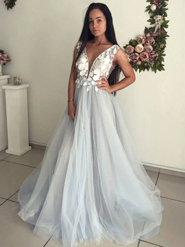 Shop 2020 Sexy V Neck Open Back Lace Appliques Tulle Gray Long Prom Dress Under 200