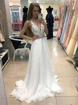Shop Backless  Long White Lace A Line V Neck Beaded Prom Dress with Belt Under 00