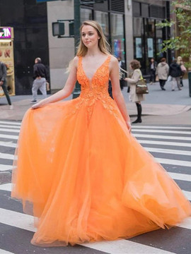 Shop 2020 New Arrival Tulle Lace Appliques Orange V Neck Long Prom Dress Under 200