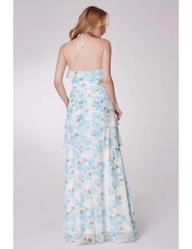 Layered Long Halter Blue Floral Print Bridesmaid Dress