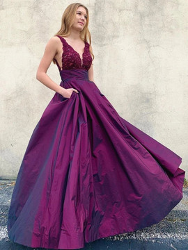 Shop Beautiful 2020 Purple Lace Long V Neck Open Back Prom Dress with Pockets Under 200